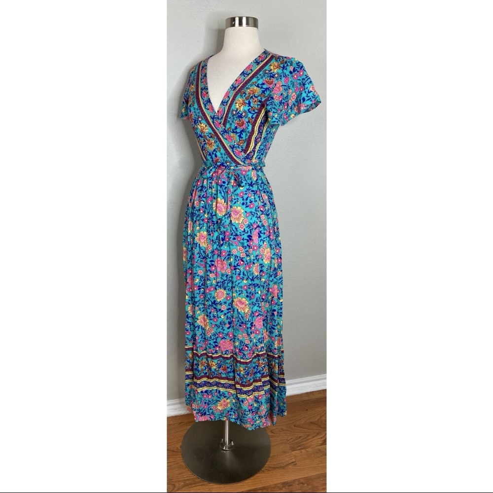 Indie Folk Women Sexy Printed Bow Beach Wrap Dresses V-Neck Boho Dress - Picture 2 of 7